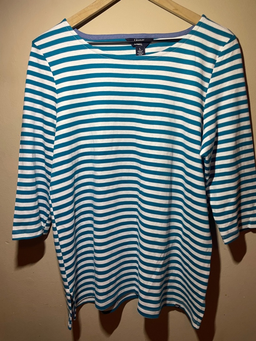 Lands' End Teal and White Striped 3/4 Sleeve Top
